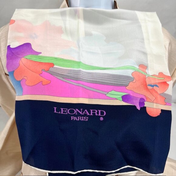 Leonard Paris 100% Silk Scarf 33" Ivery Blue pink purple green floral (79 - Picture 5 of 15